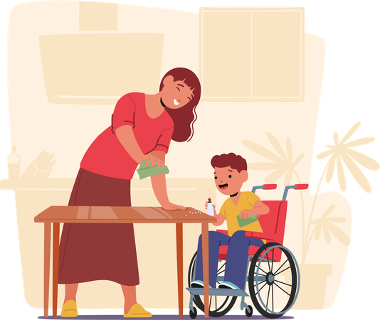 Mother Helping Boy In Wheelchair Learn Self care Skills at Home  Illustration