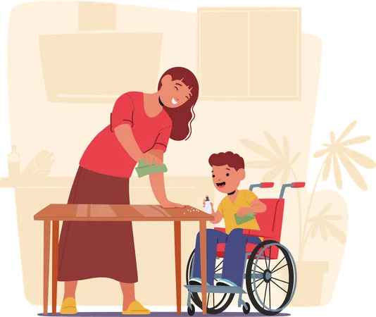 Mother Helping Boy In Wheelchair Learn Self care Skills at Home  Illustration