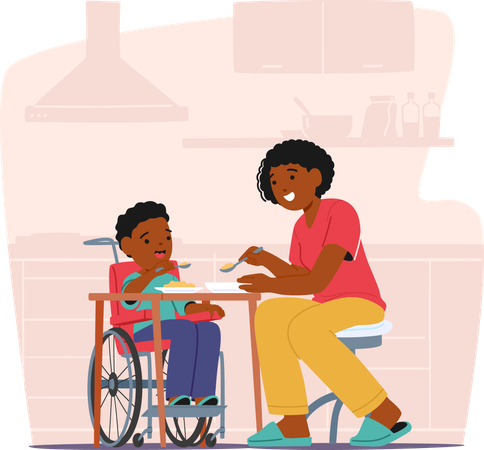 Mother Helping Child In Wheelchair With Self care Skills  Illustration