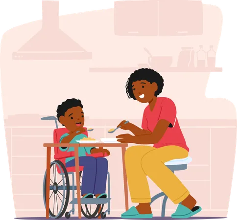 Mother Helping Child In Wheelchair With Self care Skills  Illustration