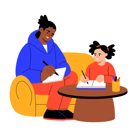 Mother helping daughter in studies  Illustration