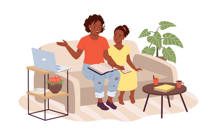 Mother helping daughter with homework  Illustration