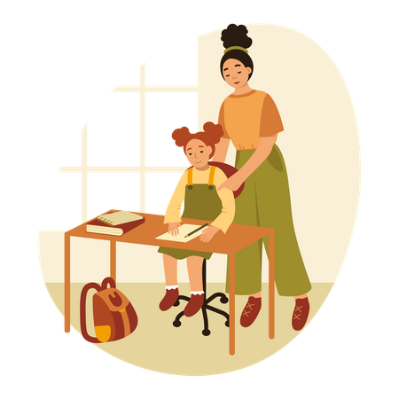 Mother helping daughter with homework  Illustration