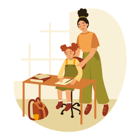 Mother helping daughter with homework  Illustration