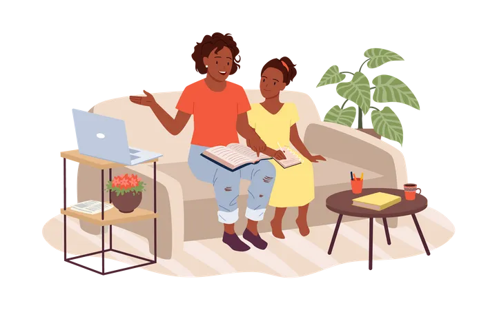 Mother helping daughter with homework  Illustration