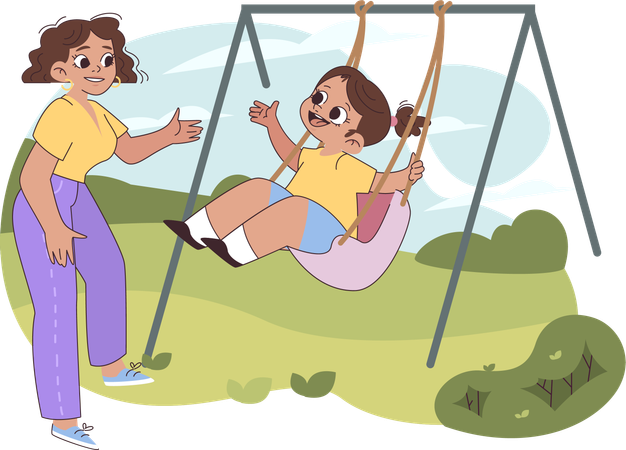 Mother helping kid in swinging  Illustration