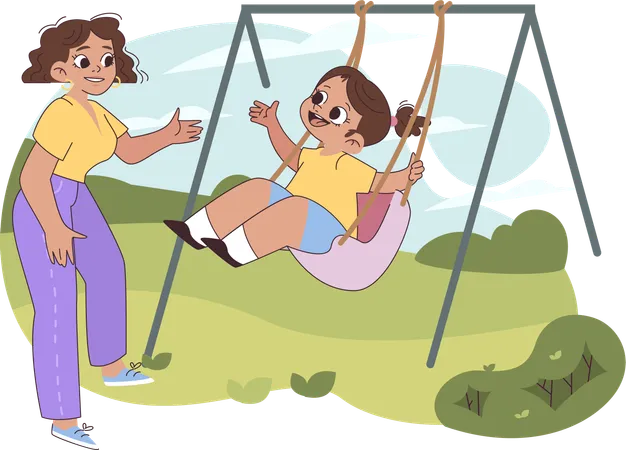 Mother helping kid in swinging  Illustration