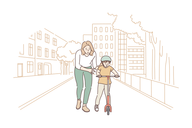 Mother helping son for riding scooter  Illustration