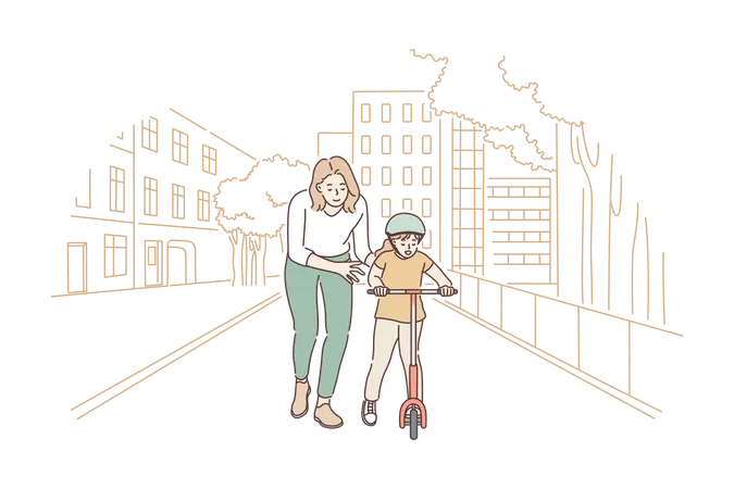 Mother helping son for riding scooter  Illustration