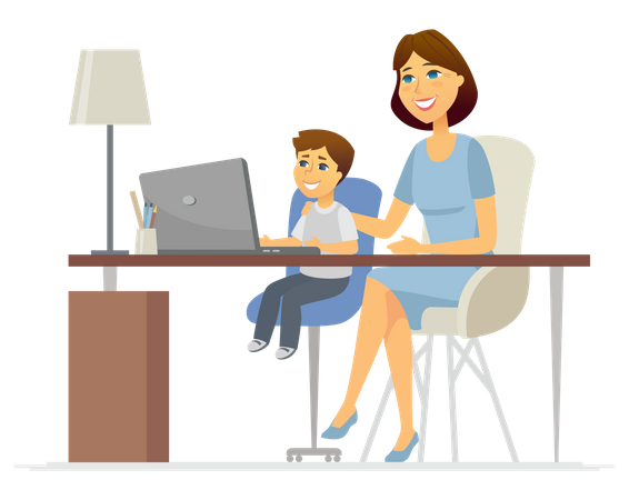 Mother helping son to attend online class  Illustration