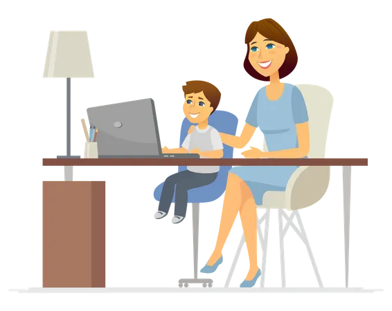 Mother helping son to attend online class  Illustration