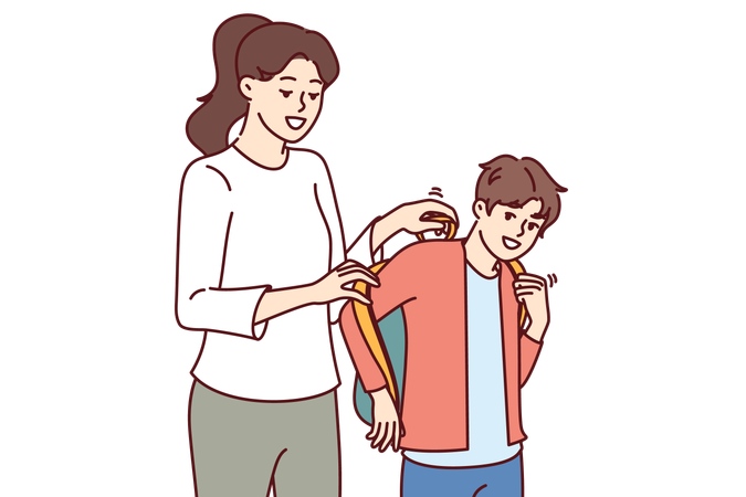 Mother helps son get ready for school  Illustration