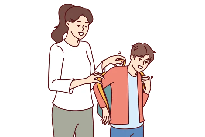 Mother Helps Son Get Ready For School And Put On Backpack With Textbooks And Office Supplies Schoolboy Prepares For September 1 And Hurries To School With Smile Wanting To Get Quality Education Illustration