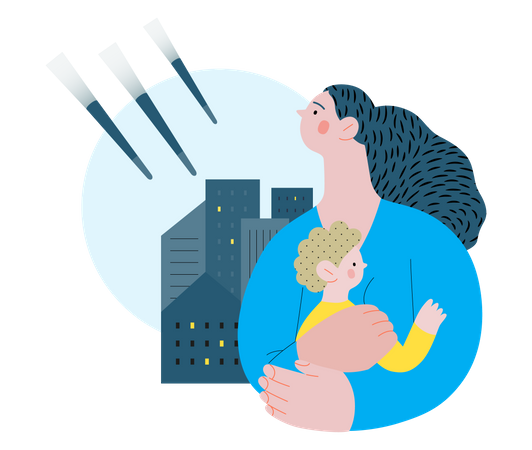 Mother holding a child and shells bombing houses Illustration