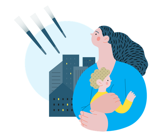 Mother holding a child and shells bombing houses  Illustration