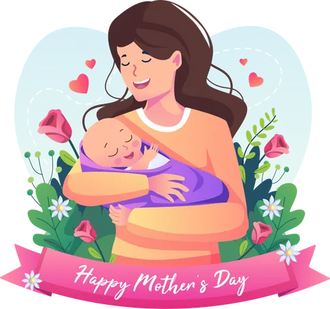 Mother Holding A Baby With A Lot Of Love Happy Mothers Day Flat Style Vector Illustration Illustration