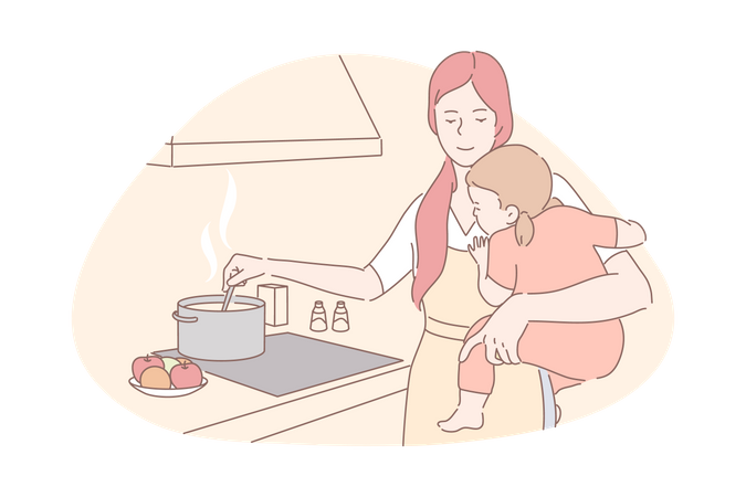 Mother holding baby girl while cooking in kitchen  Illustration