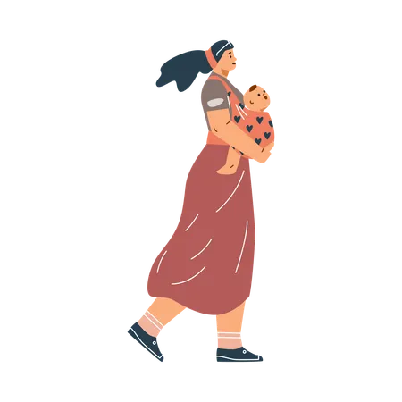 Mother holding baby in carrier  Illustration