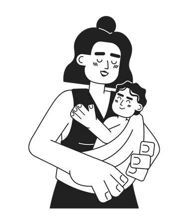 Happy Maternity Monochrome Concept Vector Spot Illustration Cheerful Latina Mother Holding Baby In Sling 2 D Flat Bw Cartoon Characters For Web UI Design Isolated Editable Hand Drawn Hero Image イラスト