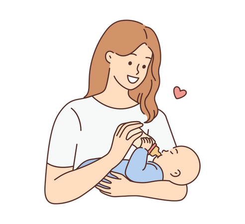 Mother holding born baby and feeding to baby  イラスト