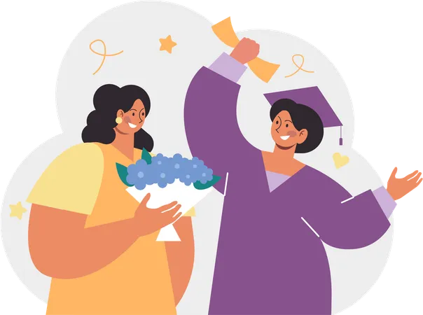 Mother holding flower bouquet for her graduate girl  Illustration