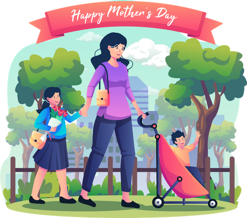 Mother holding hand of her Daughter and carrying child in a baby stroller walking in the city park  Illustration