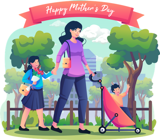 Mother holding hand of her Daughter and carrying child in a baby stroller walking in the city park  Illustration