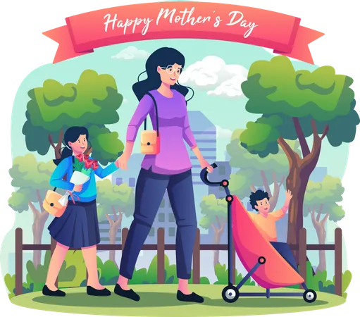 Mother holding hand of her Daughter and carrying child in a baby stroller walking in the city park  Illustration