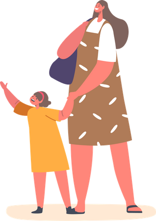 Mother Holding Hand Of Little Daughter  Illustration