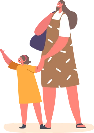 Mother Holding Hand Of Little Daughter  Illustration