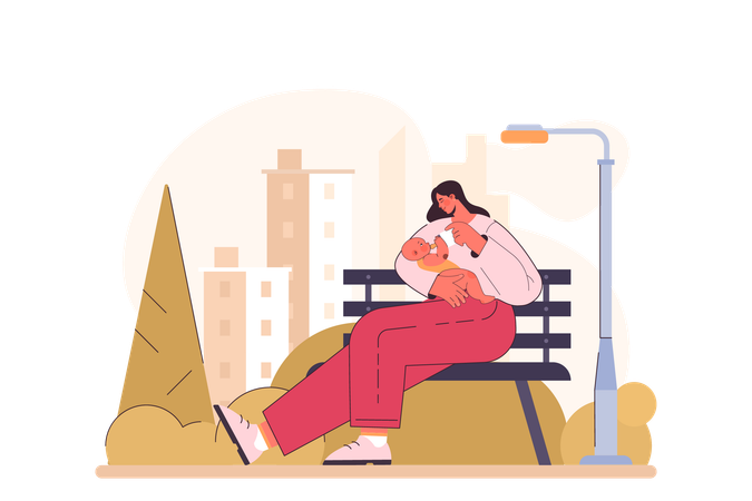 Mother holding her baby and bottle feeding in people place  Illustration