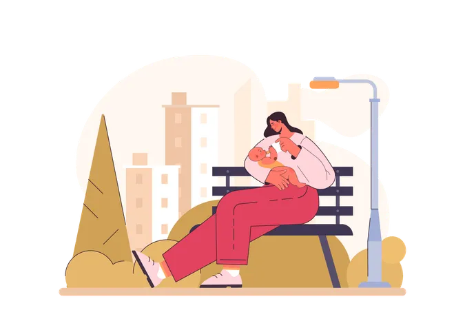 Bottle Feeding Mother Holding Her Baby While Feeding Them Breast Milk In The Bottle To Feed A Newborn In Public Places Parenthood And Child Care Flat Vector Illustration Illustration
