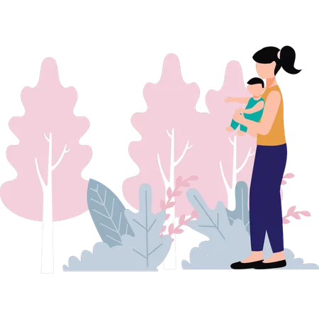 A Mother Holding Her Baby In The Park Illustration