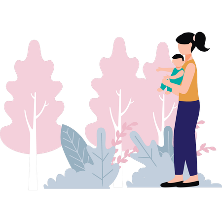 Mother holding her baby in the park  Illustration