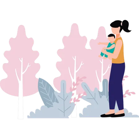 Mother holding her baby in the park  Illustration