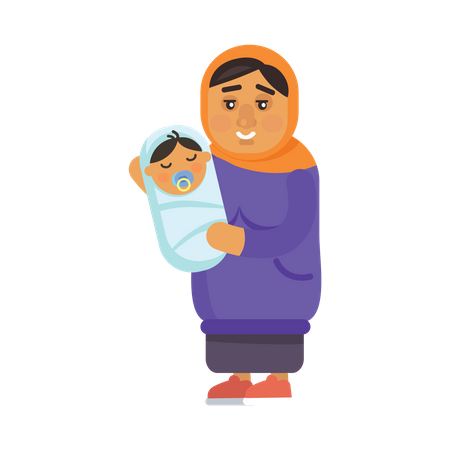 Mother holding new born baby  イラスト