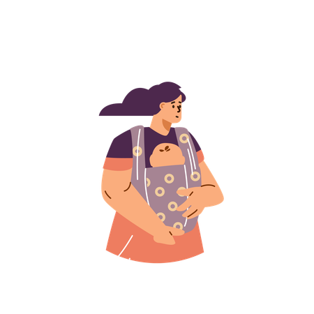 Mother hugging baby in carrier  Illustration