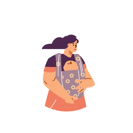 Mother hugging baby in carrier  Illustration