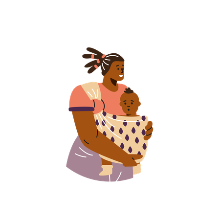 Mother hugging child in fabric sling  Illustration