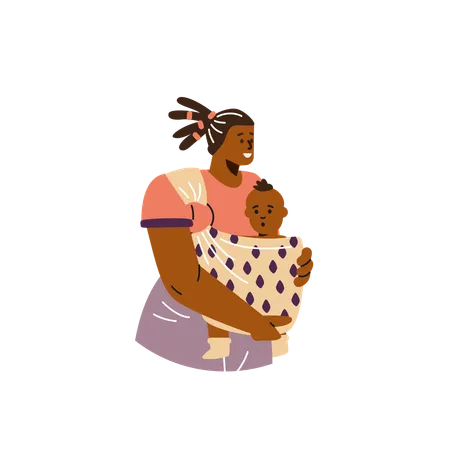 Mother hugging child in fabric sling  Illustration