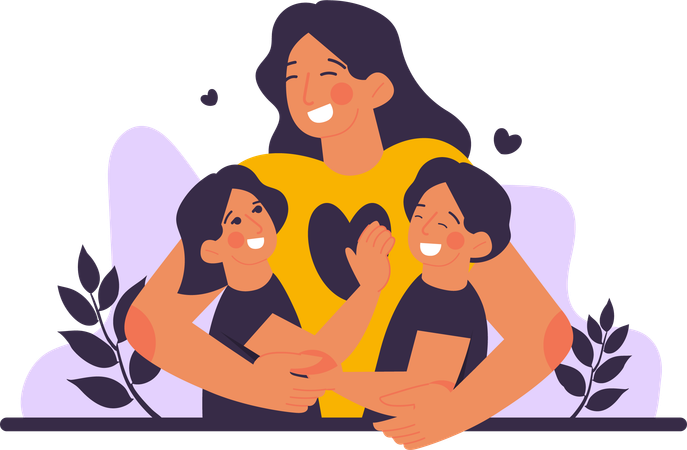 Mother Hugging Her Two Children  Illustration