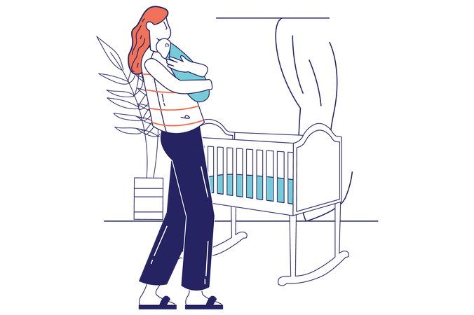 Mother hugging newborn baby near cradle  Illustration