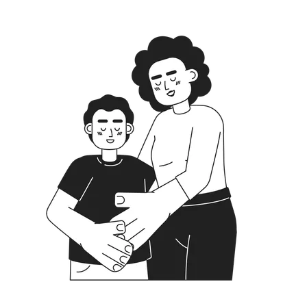 Mother Hugging Preteen Son Monochromatic Flat Vector Characters Gentle Parenting Affectionate Mom Editable Thin Line Half Body People On White Simple Bw Cartoon Spot Image For Web Graphic Design Illustration