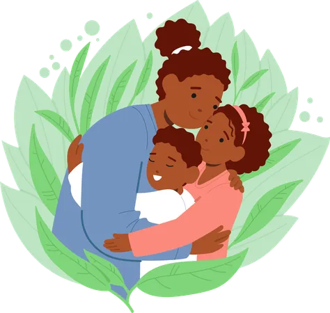 Mother Character Envelops Her Children In Warm Embrace Radiating Love Security And Affection In A Timeless Portrait Tender Moment Of Loving Black Family Hugging Cartoon People Vector Illustration Illustration
