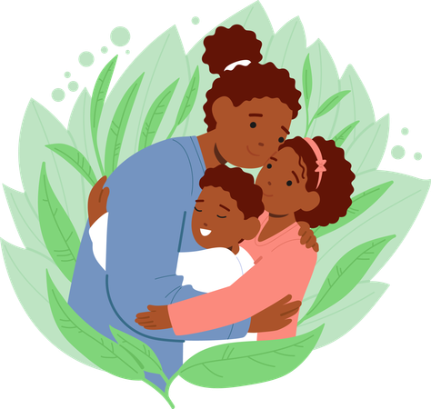 Mother hugs her children  Illustration