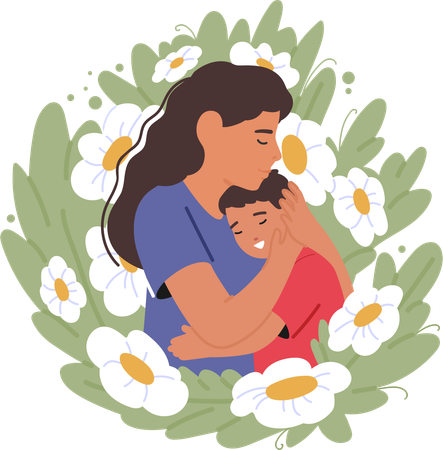 Mother hugs her son lovingly  イラスト
