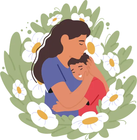Tender Portrait Capturing A Mother Character Embrace Her Child Their Faces Aglow With Love Eyes Closed Encapsulating Eternal Bond In A Moment Of Serene Affection Cartoon People Vector Illustration 일러스트레이션