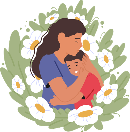 Mother hugs her son lovingly  일러스트레이션