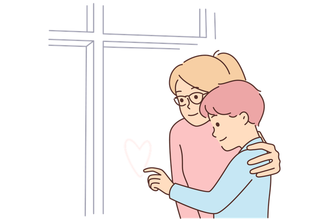 Mother hugs son draws heart on window  Illustration