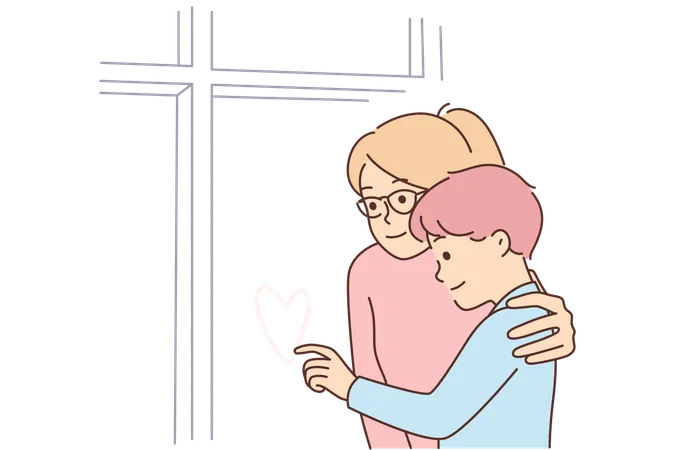 Mother Hugs Son Draws Heart On Window Sweaty In Cold Winter Weather Nanny Hugs Little Boy With Inherent Heart Remembering Parents And Missing Mom And Dad Who Went On Business Trip Illustration